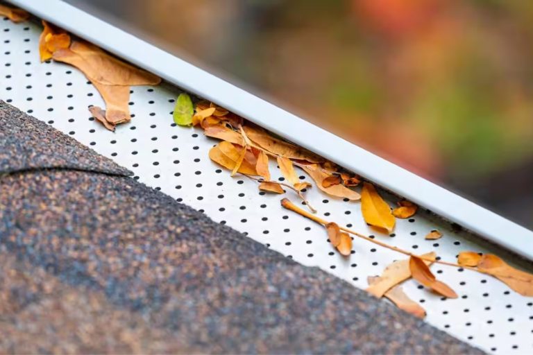 Perforated leaf guard covering an aluminum gutter