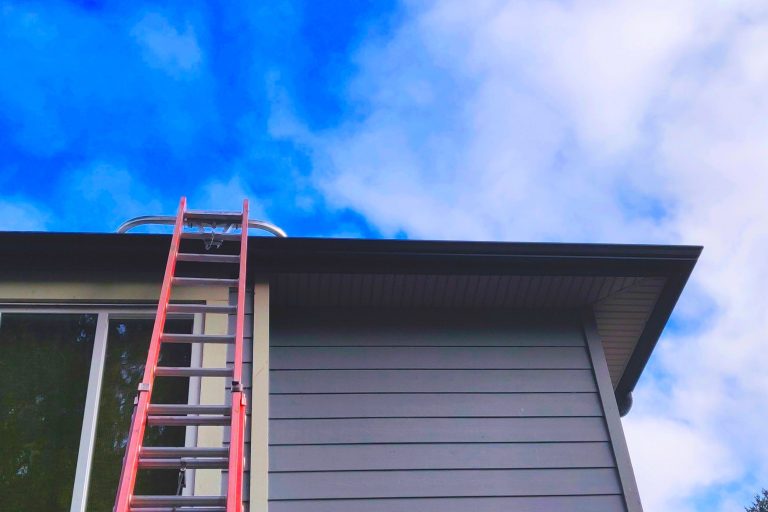 Dark gutter and roofline on a grey-sided house